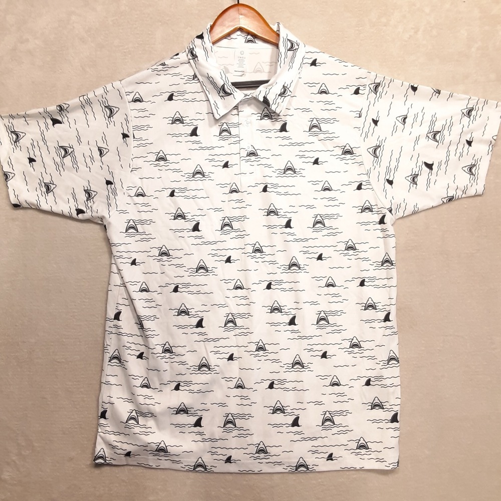 Garment One Clothing Mens Shark Water Print Polo Shirt Sz.L/White/Performance